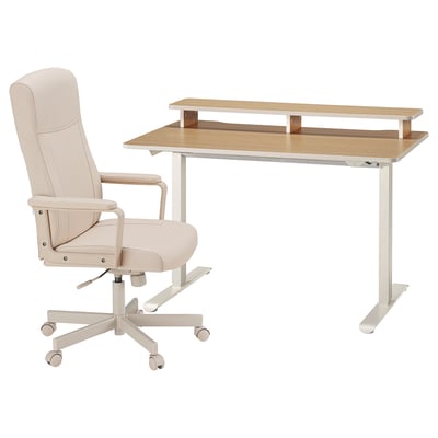 Tan office set: desk & chair. Minimalist, ergonomic, adjustable standing desk with wooden top & shelf. Comfy swivel chair with padded armrests & back.