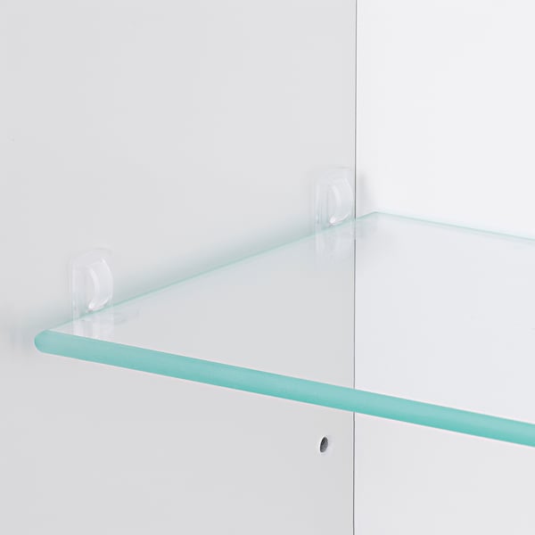 Glass shelf mounted on wall with clear hooks. Shelf appears sturdy and well-secured.