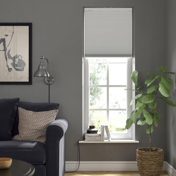 Modern living room: grey walls, large window with blind, black couch, plant.