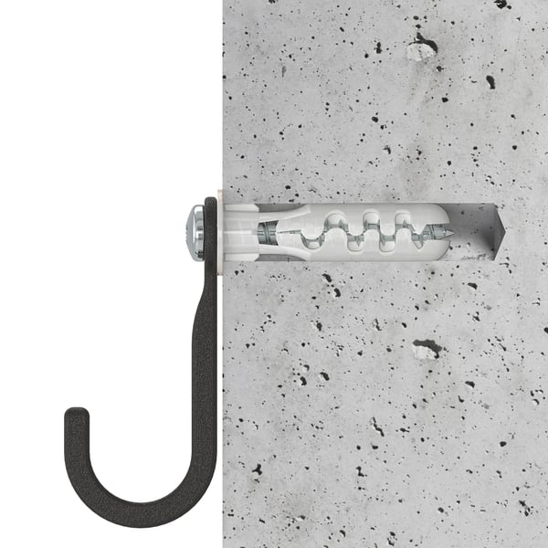 A hook with screws and wall plugs, ideal for indoor diy, featuring a durable design.