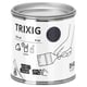 TRIXIG paint can: black label, round, silver lid, ikea brand.