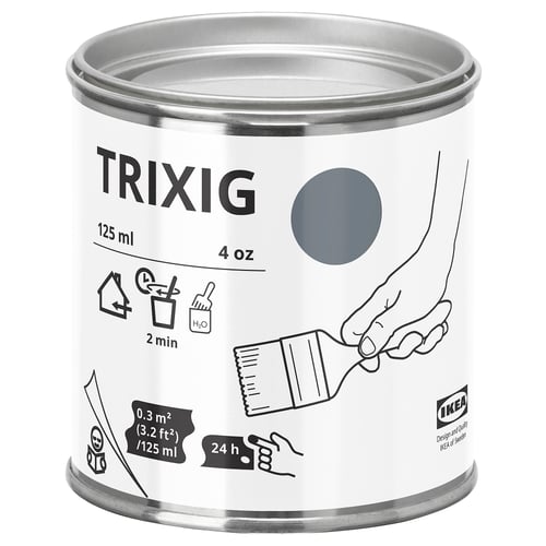 A can of IKEA TRIXIG grey paint, 125 ml, circular shape, white label with black text and icons, suitable for small furniture projects.