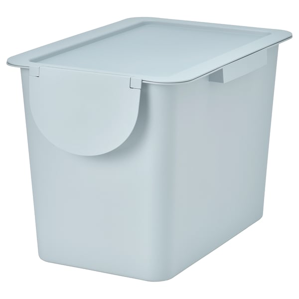 A light blue TRÖSKNING bin made of recycled plastic. It a lid, handles, and is designed for waste sorting or storage.
