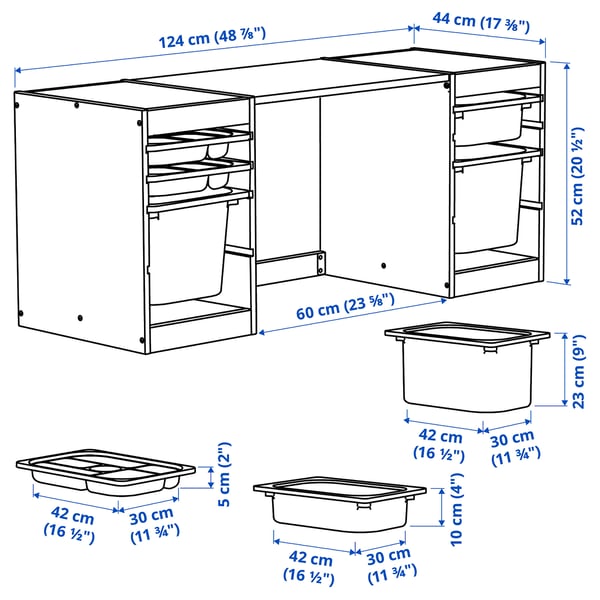 TROFAST Desk with storage boxes/trays, light white stained pine/white lilac, 124x44x52 cm