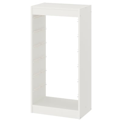 A white TROFAST storage frame, rectangular, with multiple adjustable shelf slots.