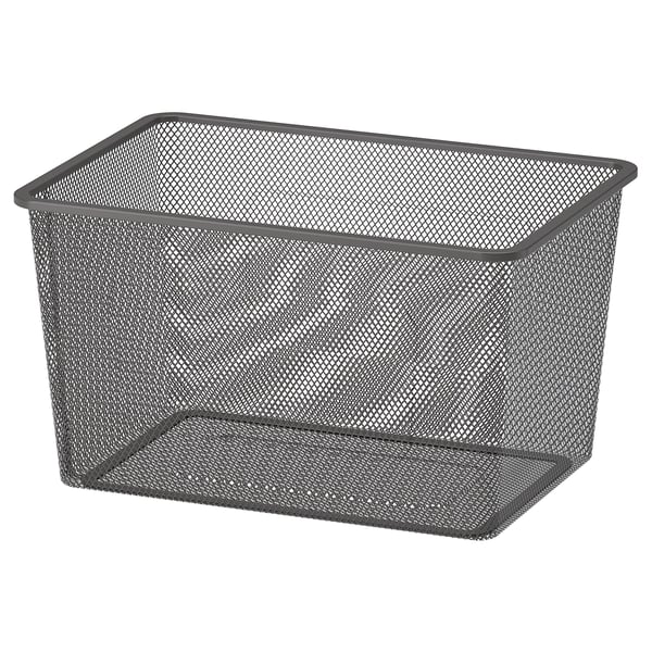 A grey TROFAST mesh storage box, rectangular-shaped with a sleek design, made of coated steel for durable organisation.