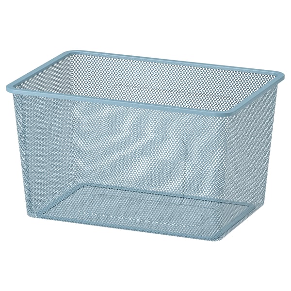 Light blue TROFAST mesh storage box, rectangular grid design, steel with powder coating.