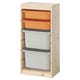 TROFAST storage unit with orange and white bins, wooden frame, three shelves.
