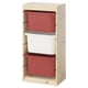 Ikea TROFAST: light wood frame, red & white bins, adjustable storage, kids toy organizer.