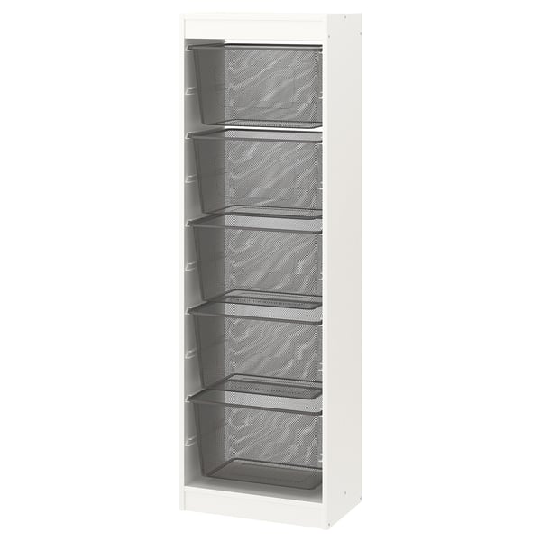 White TROFAST storage unit with 4 mesh shelves.