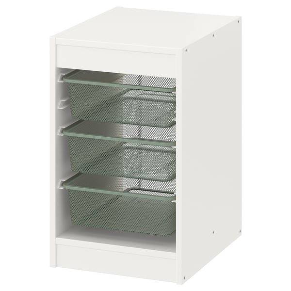 A white TROFAST storage unit with green mesh drawers.