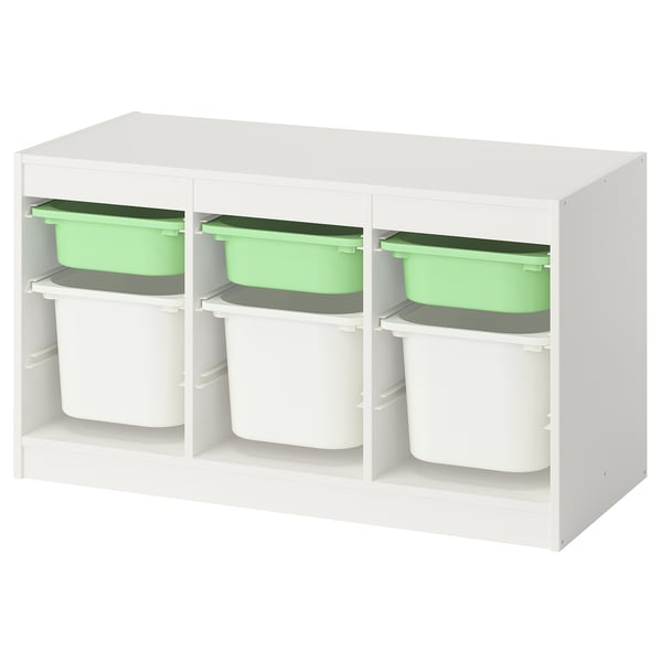 TROFAST white kids organiser with 6 green/gray bins.