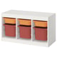 A white TROFAST storage unit with orange and red containers, ideal for kids rooms.