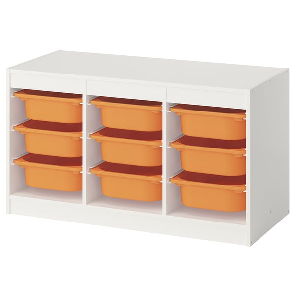 A TROFAST storage unit with white frame and orange boxes.
