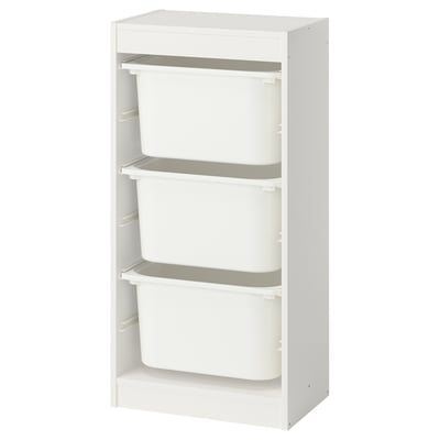 A white TROFAST storage unit with three removable bins, designed for childrens toy storage.