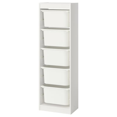 A white TROFAST storage unit with five pull-out plastic bins, organized vertically for space-saving and accessible storage.