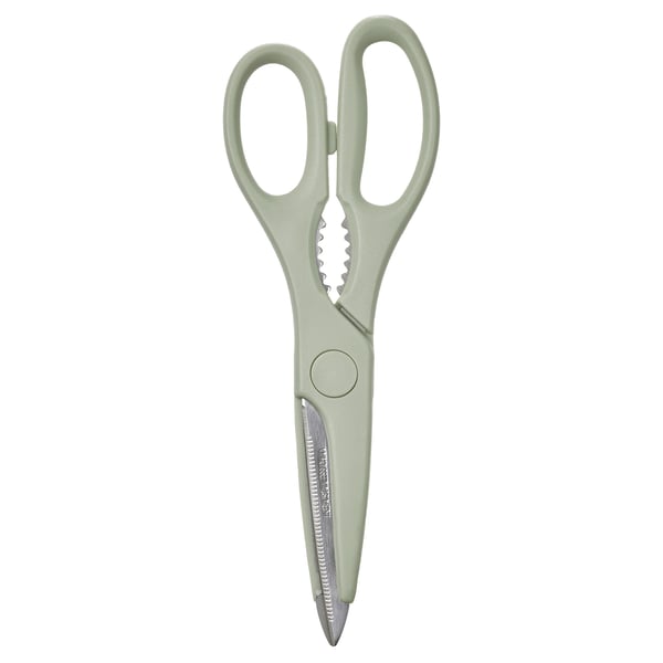 Light green TROJKA scissors. Ergonomic handles, stainless steel blades, multi-functional with bottle opener teeth.