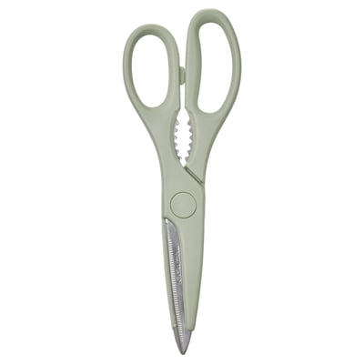 Light green TROJKA scissors. Ergonomic handles, stainless steel blades, multi-functional with bottle opener teeth.