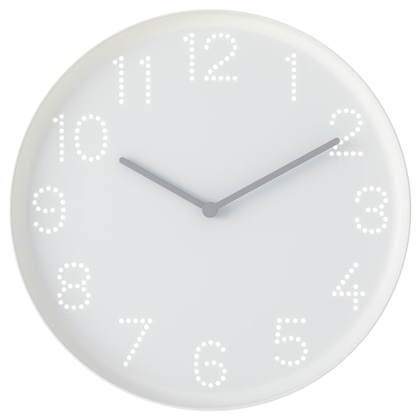 TROMMA white clock, round, plastic. Numbers as punched holes; displays time clearly.