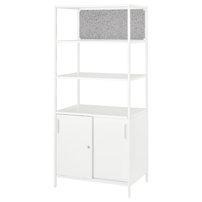 A white TROTTEN cabinet with open and closed storage, accessible from both sides, perfect as a room divider.