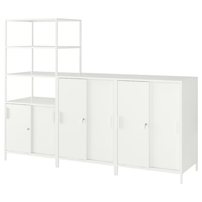 A TROTTEN white metal cabinet with open and closed storage compartments, designed as a room divider.