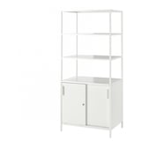 A white TROTTEN cabinet with open and closed storage sides, perfect for room division, featuring sliding doors and adjustable feet.
