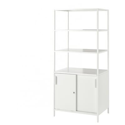 A white TROTTEN cabinet with open and closed storage sides, perfect for room division, featuring sliding doors and adjustable feet.