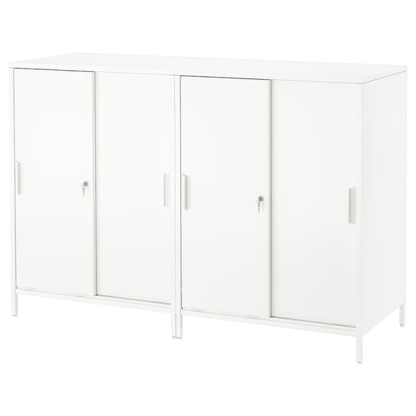 A white trotton double-sided cabinet with sliding doors, suitable as a room divider.