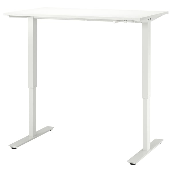 TROTTEN white sit-stand desk, rectangular, minimalist design, adjustable height by crank.