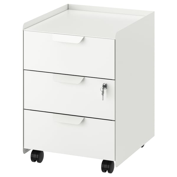 A white TROTTEN mobile file cabinet with three drawers and wheels, featuring a sleek, modern design.