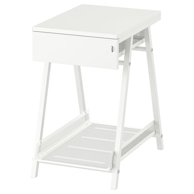 White trottan desk, rectangular, metal mesh shelf, one drawer, a-shaped legs.