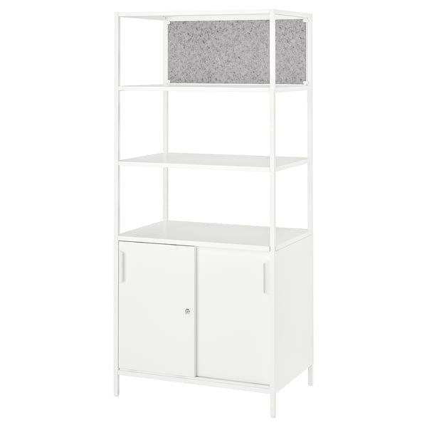 White TROTTEN shelf with open top, pinboard, and two cabinet doors.