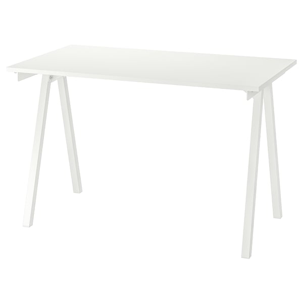 A TROTTEN white desk with a rectangular top and angled legs. Its minimalistic and modern, featuring a melamine and particleboard construction.