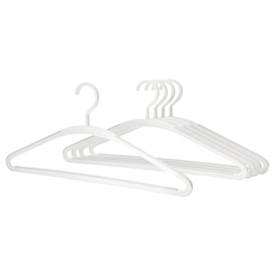A set of five white TRYSSE hangers. These plastic hangers have a triangular shape with an anti-slip surface and a swivel hook for easy use.