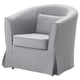 A TULLSTA armchair, light gray, round shape, upholstered fabric, with a cushioned seat and back, fitting small spaces.