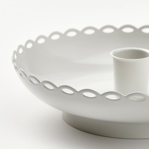 Large white tray with scalloped edge and cylindrical holder.