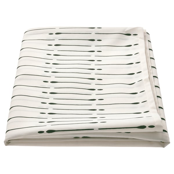 The TUVIRIS tablecloth, white with green lines, made from recycled polyester, rectangular, folded.