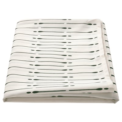 The TUVIRIS tablecloth, white with green lines, made from recycled polyester, rectangular, folded.