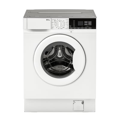 A white front-loading washing machine and dryer combo with a digital display panel at the top and a large circular door.