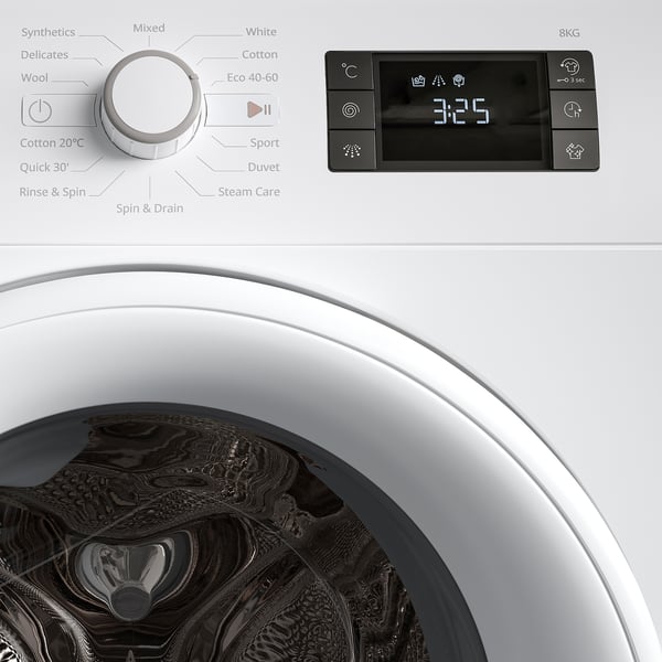 Front-loading washing machine with control panel and digital display, showing programmes and settings.
