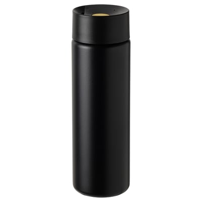 Black travel mug, sleek, cylindrical shape, one-hand click lid, slip-resistant surface, stainless steel body.