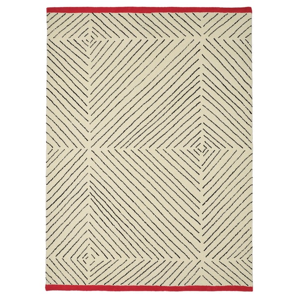 UNDERVISNING rug, cream with lines, red border, diamond pattern, soft wool, rectangular.