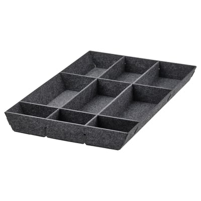 UPPDATERA grey drawer organiser, customizable compartments, made of polyester.