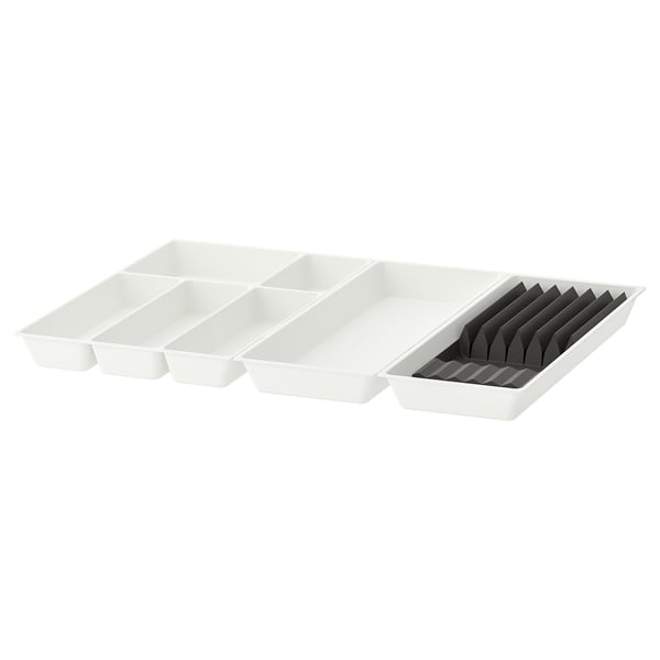 White plastic cutlery tray set with knife rack, square compartments for organizing kitchen utensils.