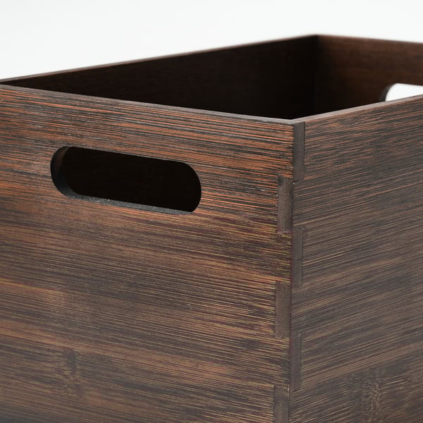Dark stained bamboo storage box with handles, showcasing smooth finish and sturdy construction, ideal for kitchen or bathroom.