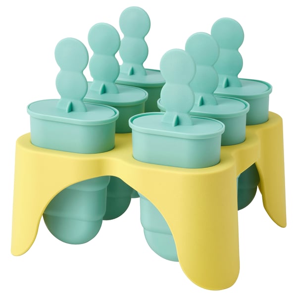 Bright yellow ice pop stand with six green turquoise moulds, each with a rounded handle, perfectly arranged for freezing treats.