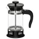 UPPHETTA black coffee/tea maker. Glass jar, plastic handle, stainless steel philtre, stands on black base.