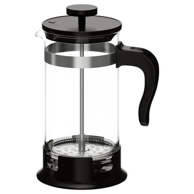 Black UPPHETTA cafetière, glass body, plastic handle and lid, stainless steel parts, round shape.