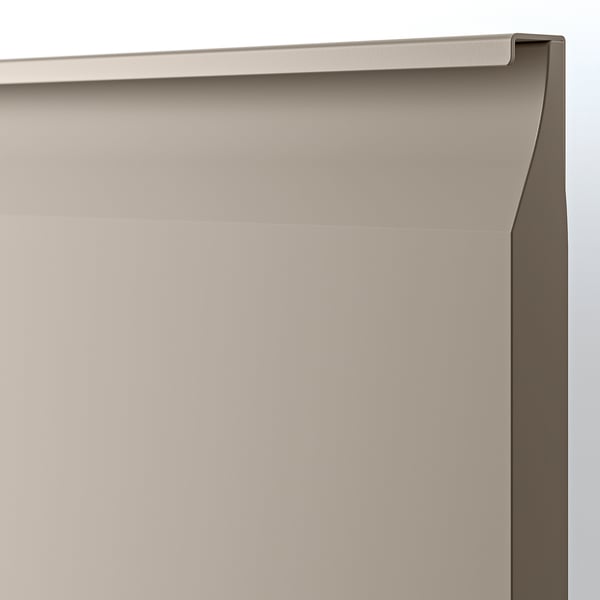 Close-up of sleek, matt beige kitchen cabinet with integrated handle, showcasing smooth finish and modern design.