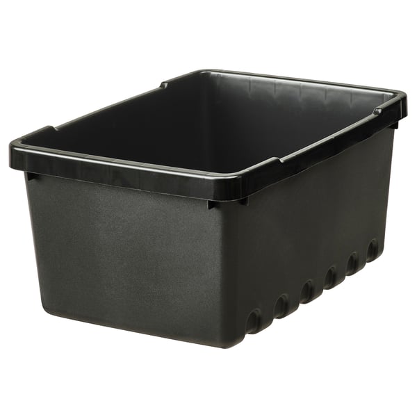 A black, rectangular, UPPSNOFSAD plastic storage box with a sturdy design, ideal for organising small items.